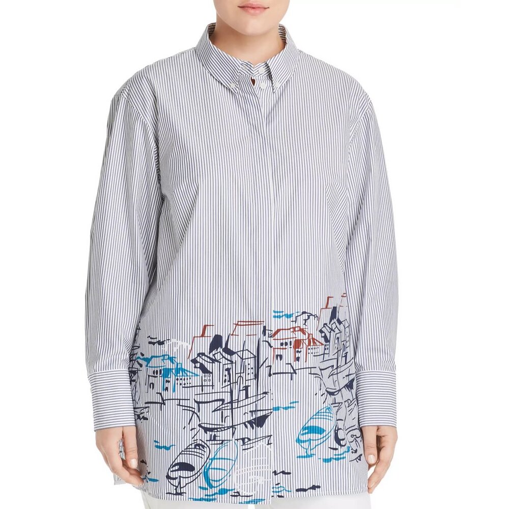 New Lafayette 148 New York Striped Cotton Kelhani Button Up Shirt Sz 3X